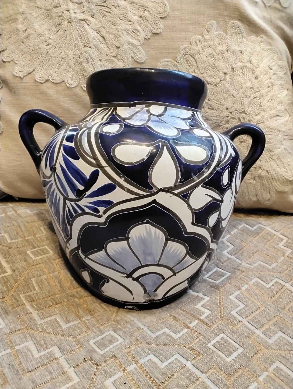 Mexican Talavera Blue & White Pot Wall Planter – Folk Art Ceramic Hanging Pot